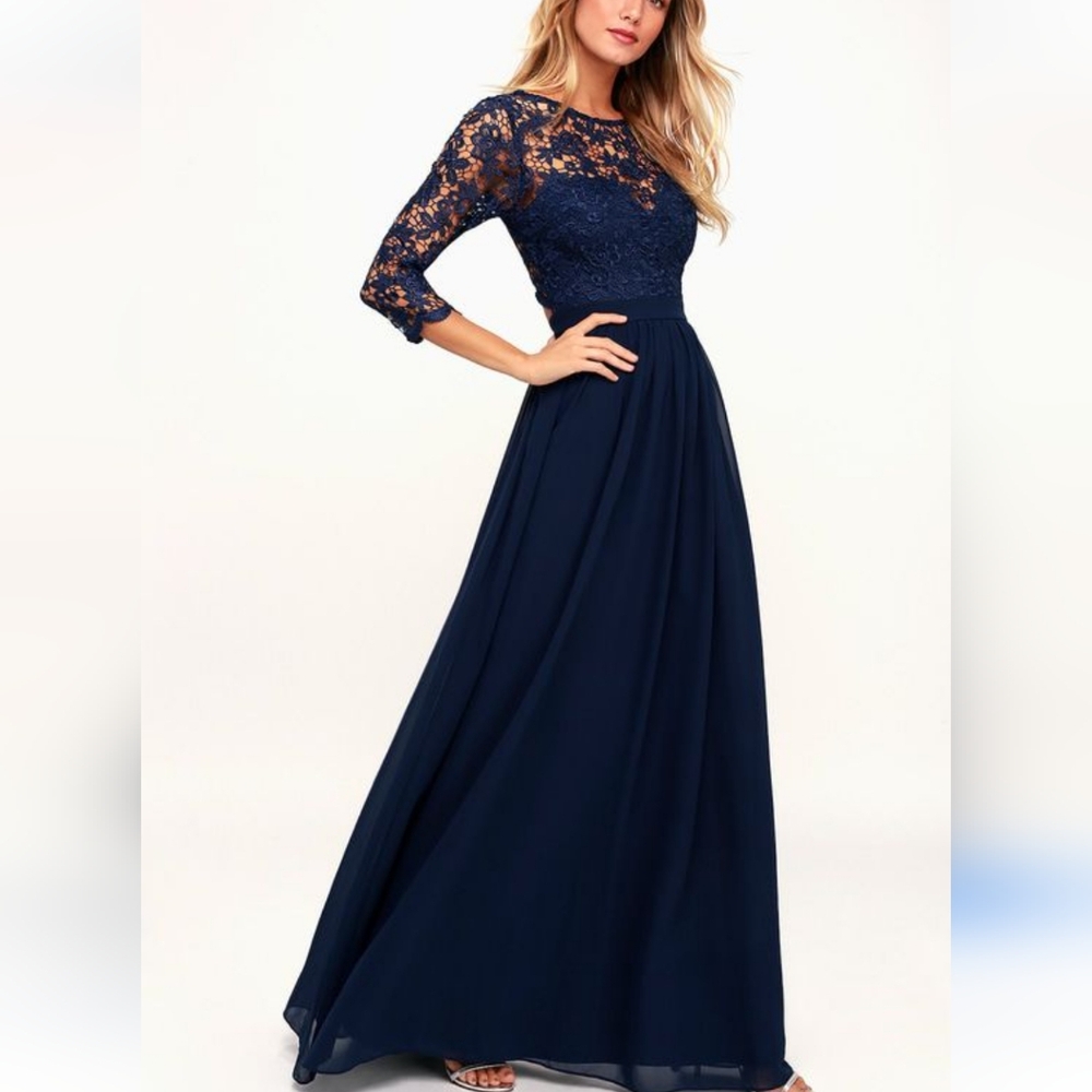 Lulu's Blue Bateau Neck Bishop Sleeve Gown Size Small